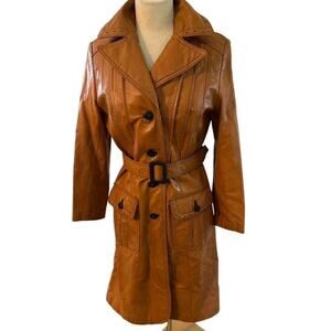 Vintage 70s Montgomery Ward The Tannery Belted BURNT ORANGE TRENCH Leather COAT